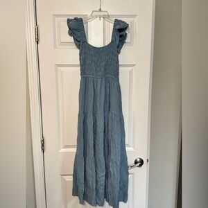 By the River Tiered Ruffle Sleeve Smocked Blue Cottage Boho Maxi Dress Large
